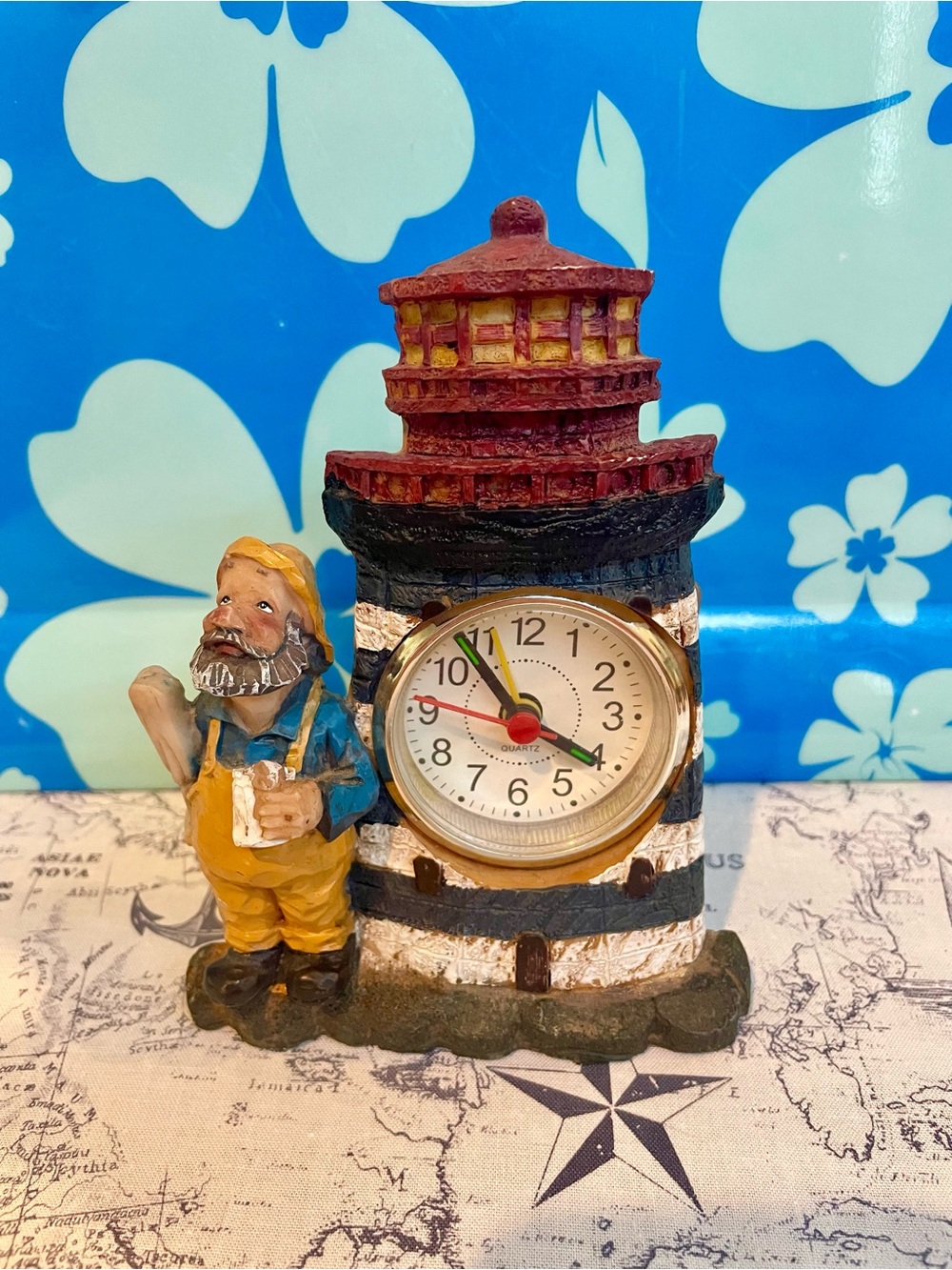 Nautical Lighthouse Fisherman Quartz Clock Figurine – Coastal Decor